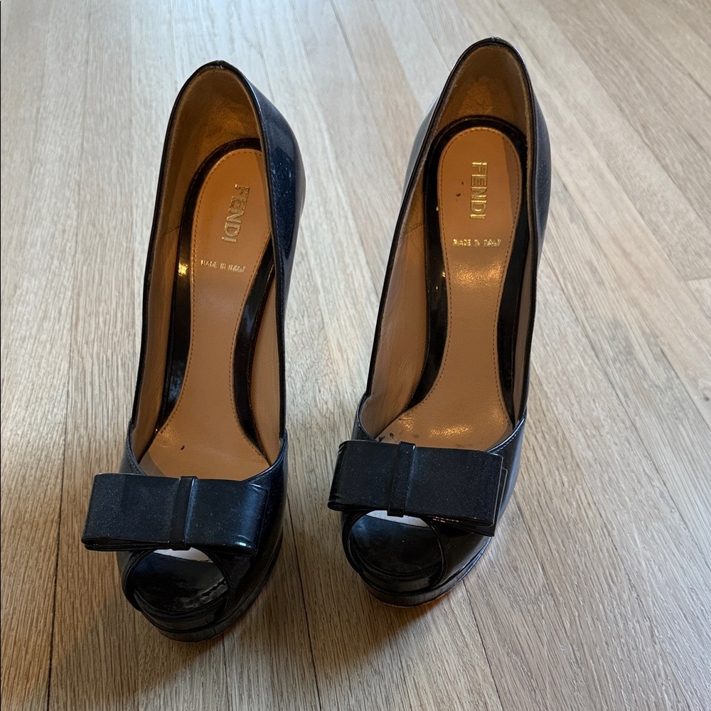 Fendi Black Bow Peep-Toe Heels 8 38